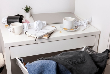 clutter on a white desk